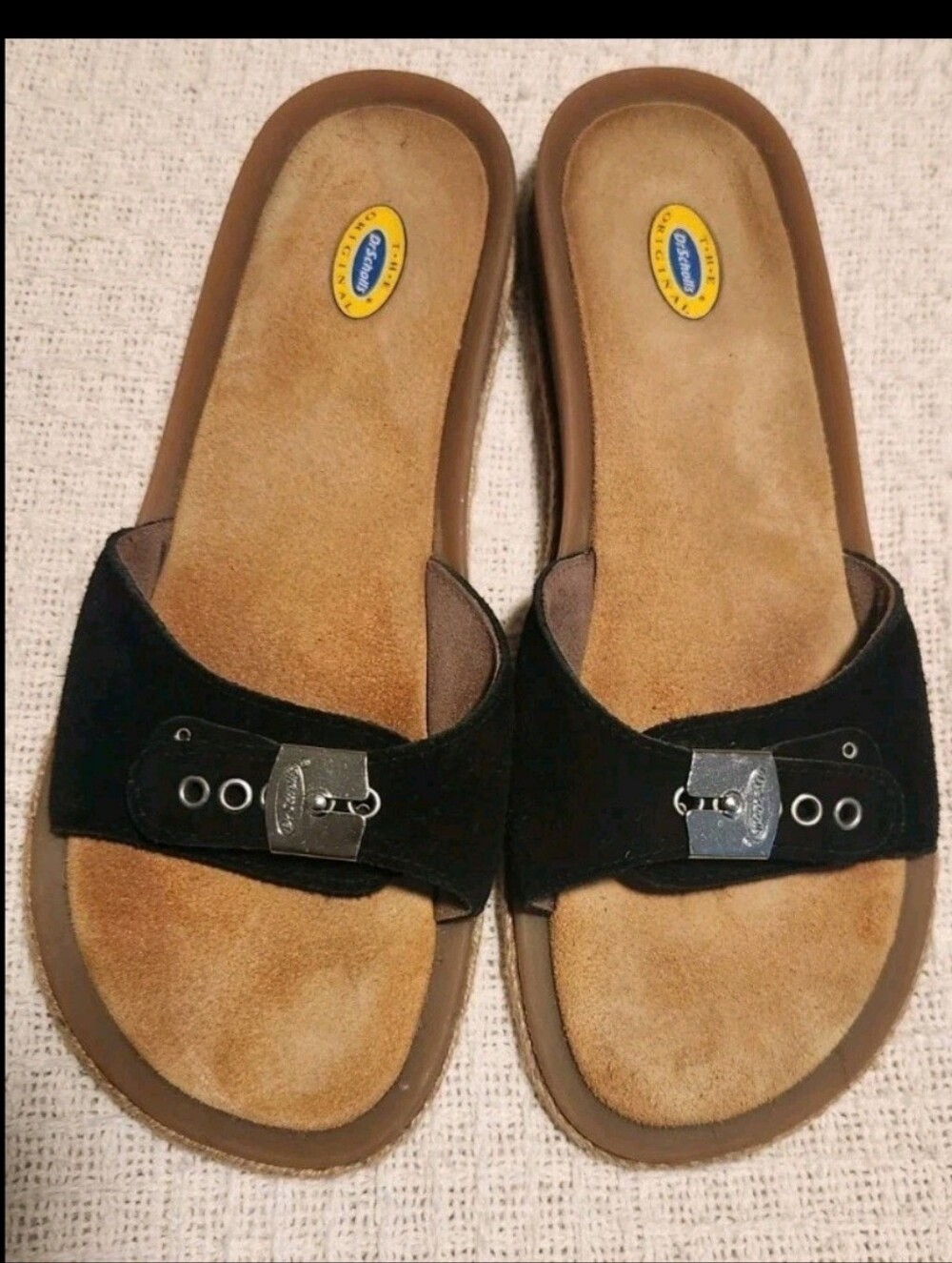 Dr. Scholl's Black Suede Slide Sandals with Silver Buckle